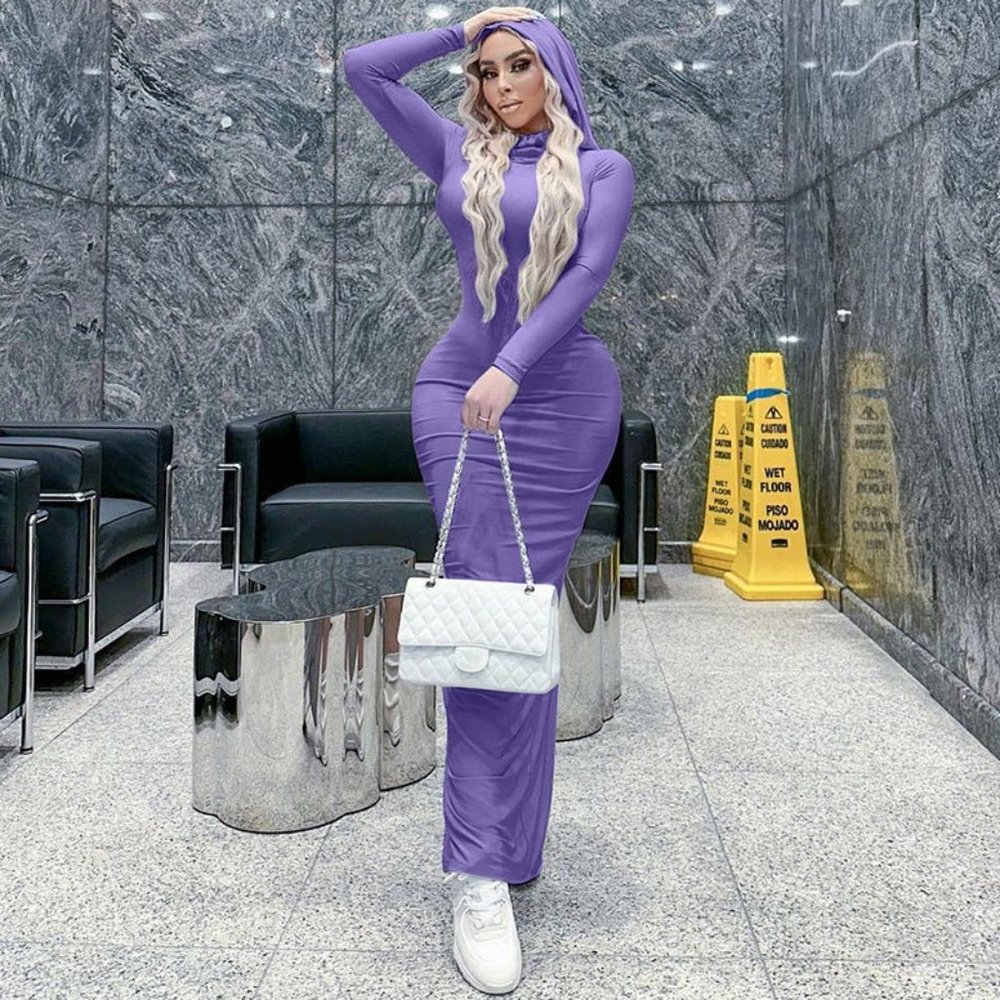 Haniya's Hood Back Split Solid Color Dress